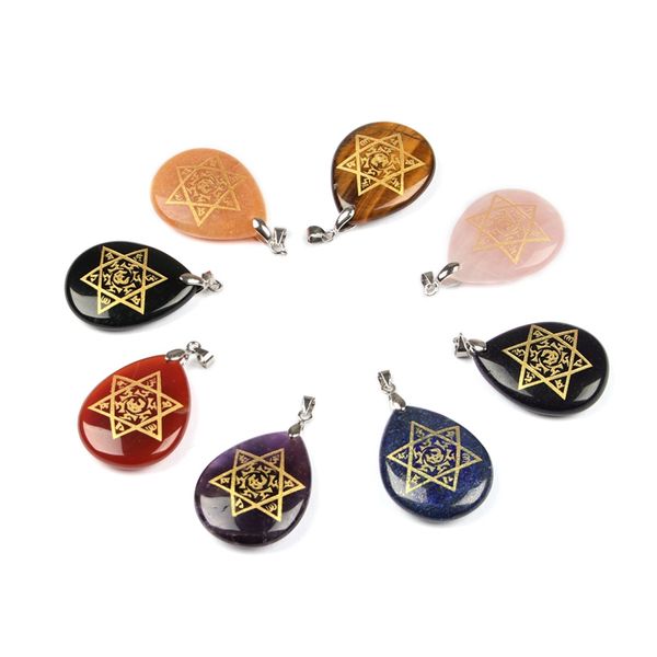 Pedra Natural Forma De Água-Drop Forma Charme Pingente Colar Gravado Hexagrama Seis Palavra Mantra Sanskrit Reiki Símbolo Hang Accessorie Cura Cristal Religião Jóias