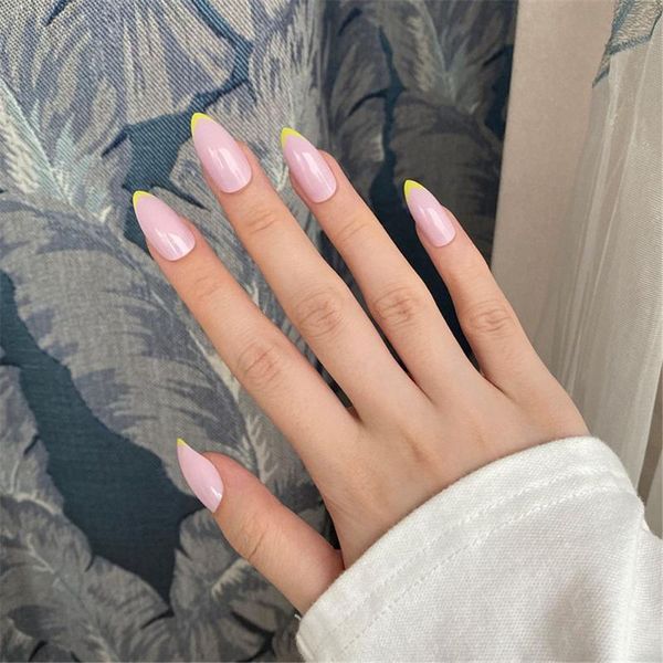 

false nails 24pcs artificial yellow edging flesh pink french long paragraph jelly gum fake nail full cover art, Red;gold