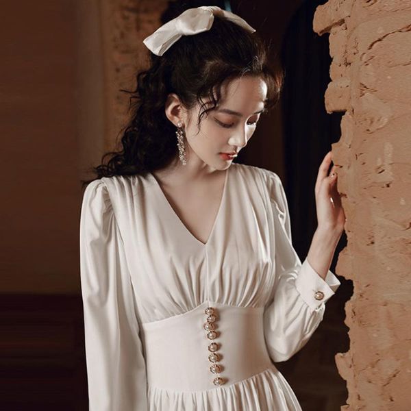 

casual dresses spring elegant dress women french button designer party midi female solid slim korean one-piece 2021, Black;gray
