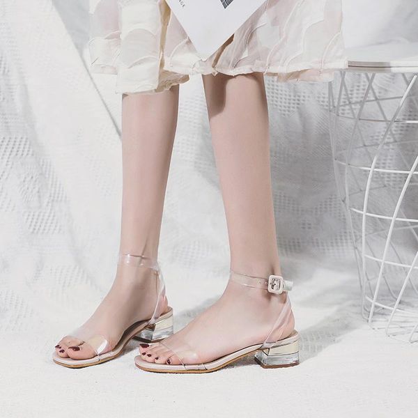 

sandals ankle strap high heels women coarse strappy square toe clear for summer transparent shoes woman low, Black