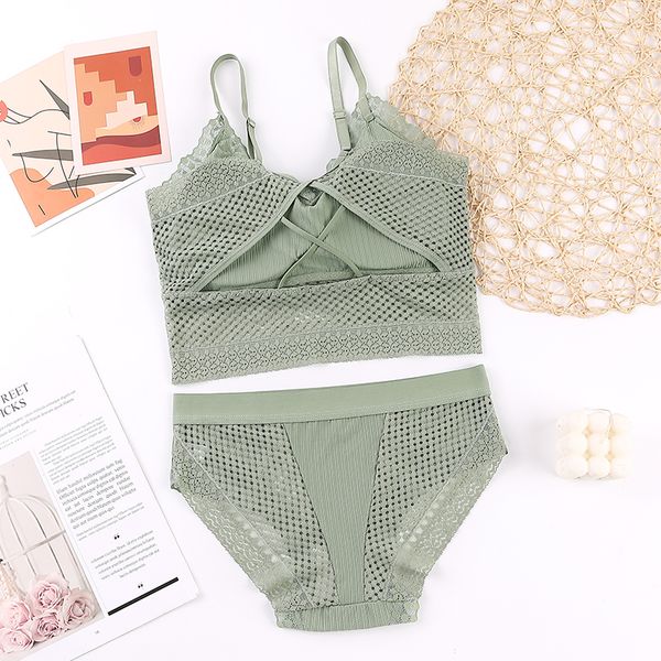 

v-neck grid wireless bra sets lace adjusted female bra soft comfortable lingerie briefs, Black;white