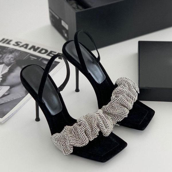 

summer sandals women rhinestone high heels shoes woman elegant ladies square toe sandalias mujer stiletto slingback pumps, Black