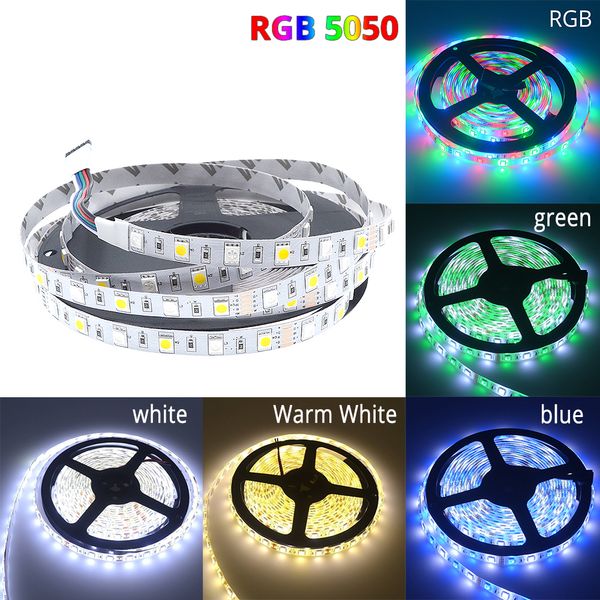 Luzes de tira LED 5050 SMD Quente Branco Vermelho Vermelho Verde Azul RGB 5M Roll 300 LEDS Fita Não-impermeável DC12V 60LEDS / M Flexível RGBW Decoração de Casa Festa Lâmpada de Atmosfera