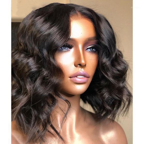 

medium length water wave lace frontal wig with natural hairline black women human hair wigs baby preplucked1, Black;brown