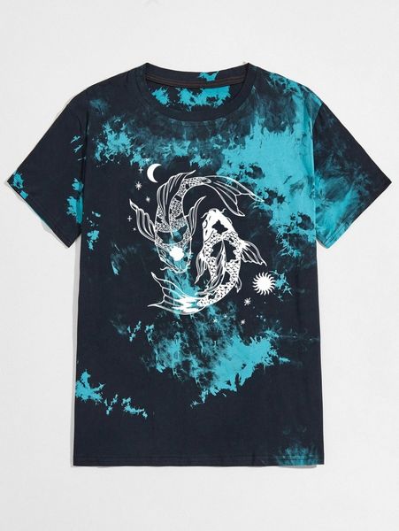 

romwe guys tie dye & fish print tee j26t#, White;black