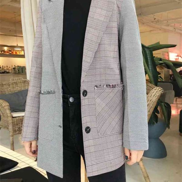 

tassel regular stitching check gingham plaid blazer boyfriend friend style women contrast color suit coat fashion femme 210429, White;black