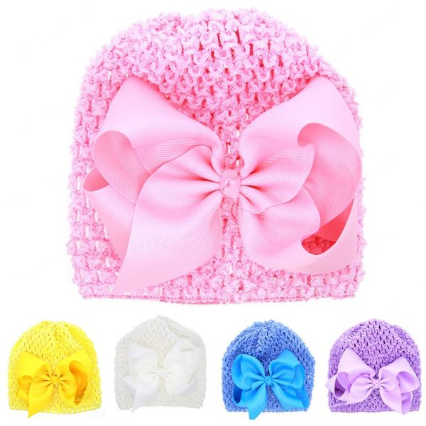 Cor Sólida Artesanal Grosgrain Ribbon Bowknot Bebé Bebê Meninas Crochet Elastic Caps Bonitos Bóias Headwear Presentes de Aniversário