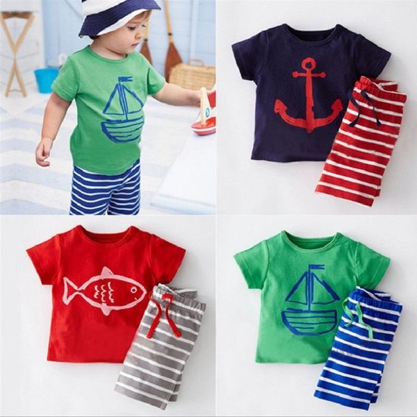 Casual Baby Boys Roupas Suits Verão Sailor Crianças T-shirt T-shirt Stripe Calças Curtas Conjuntos 100% Algodão Crianças Mar Navy Âncora T-shirt 210413
