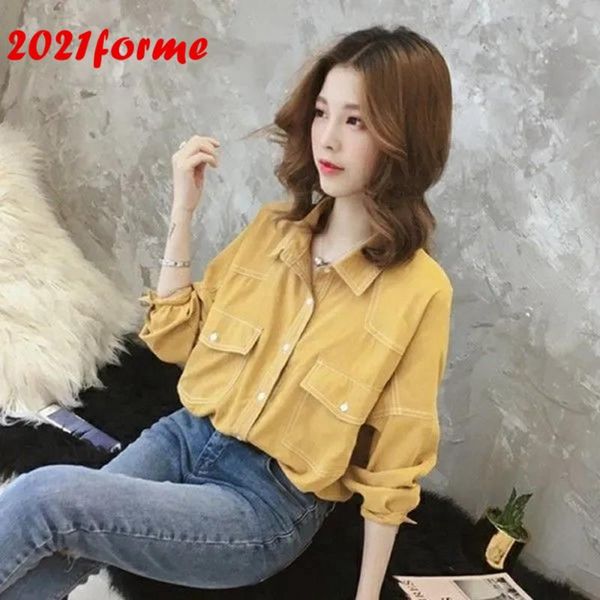 

women's blouses & shirts long sleeve blouse women solid plus size casual and spring autumn femmel full blusas pockets jackets coat, White