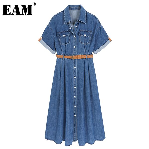 

[eam] women blue casual pockets belt denim shirt dress lapel short sleeve loose fit fashion spring summer 1dd7990 210512, Black;gray