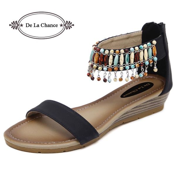 

de la chance summer shoes women bohemia ethnic flip flops bead flat sandals woman casual comfortable plus size wedge, Black