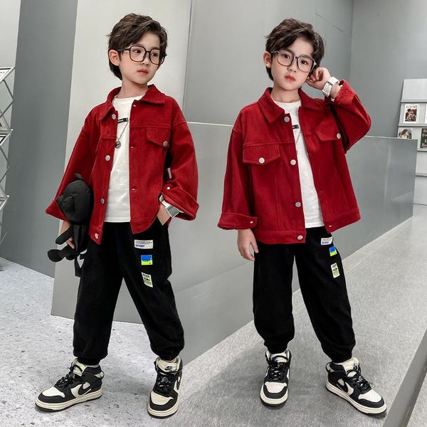 

clothing sets 2021 boys solid color jacket set kids fashion labeled sweatpants suit teen children casual single-breasted outerwear outfit, White