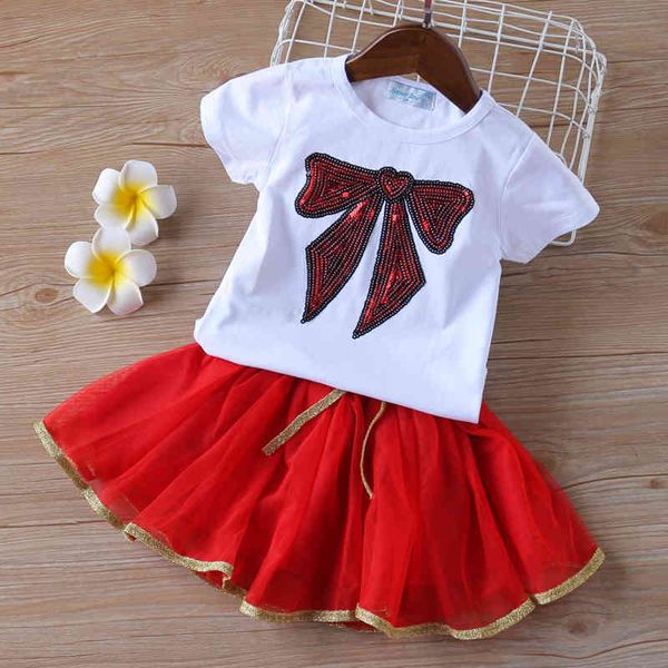 

girls clothes suit summer fashion style casual baby children's clothing sets bow print t-shirt + skirt 2pcs suits 210515, White