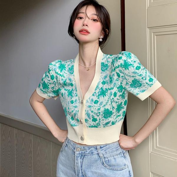 

women's knits & tees neploe korean puff sleeve floral knit cardigan women 2021 summer thin gentle slim outerwear v neck single breasted, White