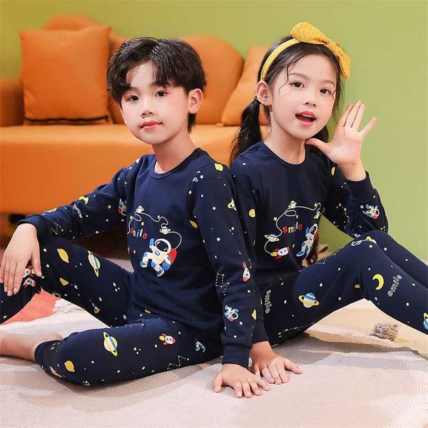 

100% cotton children's pajamas astronaut for teens 4 6 8 12years winter boys clothes long sleeve baby girl clothing sets 211130, Blue;red