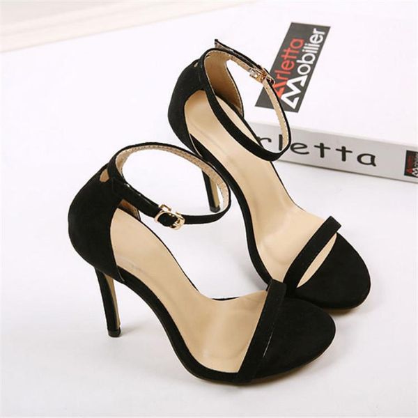 

buckle high-heeled shoes simple thin heel women's sandals ankle tripping, Black