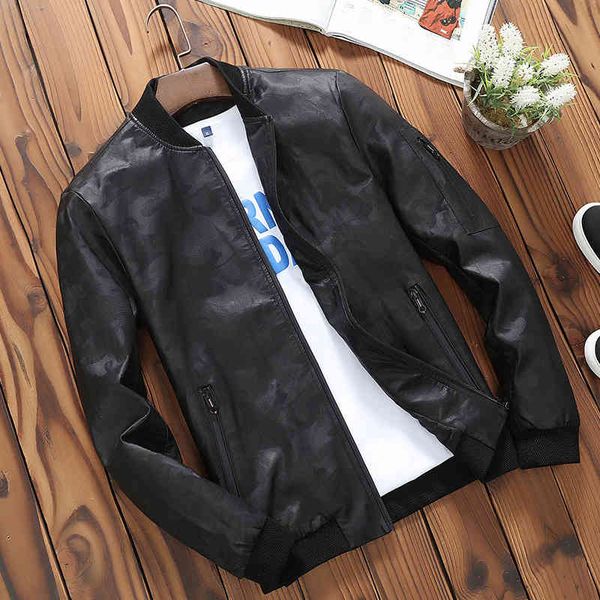 

fashion leather men's spring and autumn camouflage jacket, slim wear-resistant pu clothes, thin motorcycle clothes, Black