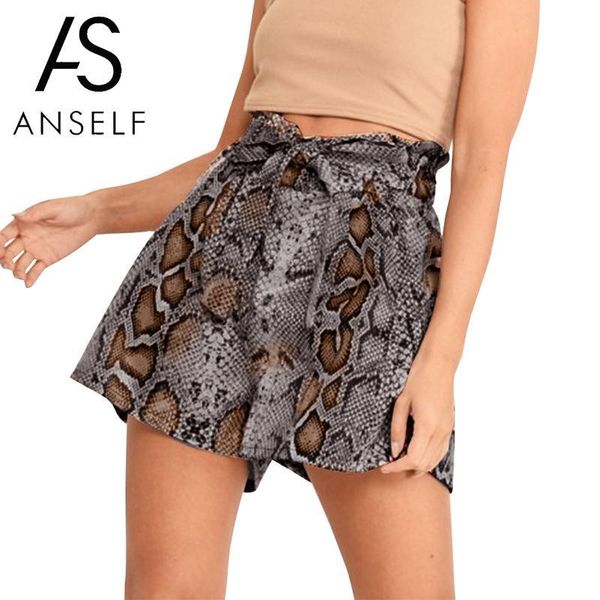 

women's shorts 2021 fashion leopard women snakeskin print elastic high waist sashes loose wide leg ladies, White;black