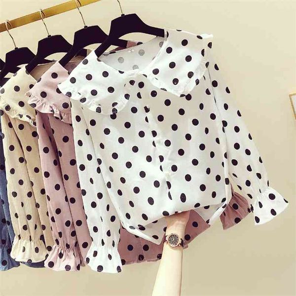 

1spring women polka dot ruffle blouse elegant shirts long sleeve women shirt buttons pullover casual female plus size 210514, White