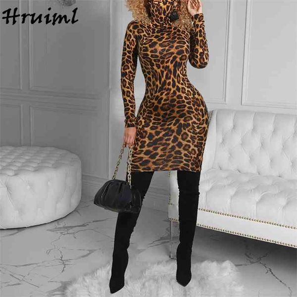 Sonbahar kadın elbise leopar baskı balıkçı yaka uzun kollu kadınlar rahat artı boyutu zarif parti es moda robe femme 210513