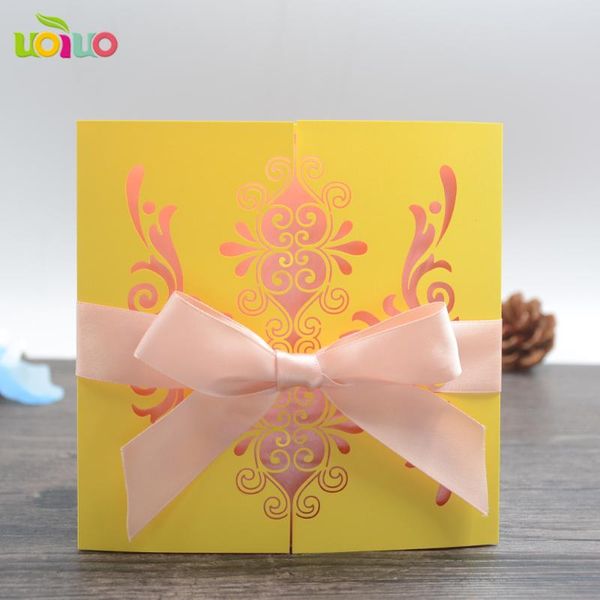 

greeting cards diy customzied inc33 laser cut yellow wedding invitations card ,tied pink bow,print insert,envelope
