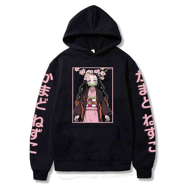 

anime demon slayer nezuko kamado kawaii cartoon printed hoodi harajuku kimetsu no yaiba streetwear winter sweatshirts, Black