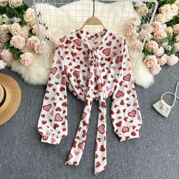 

singreiny women korean love print blouse sweet bow collar single breasted loose spring fashion casual streetwear blouses 210419, White