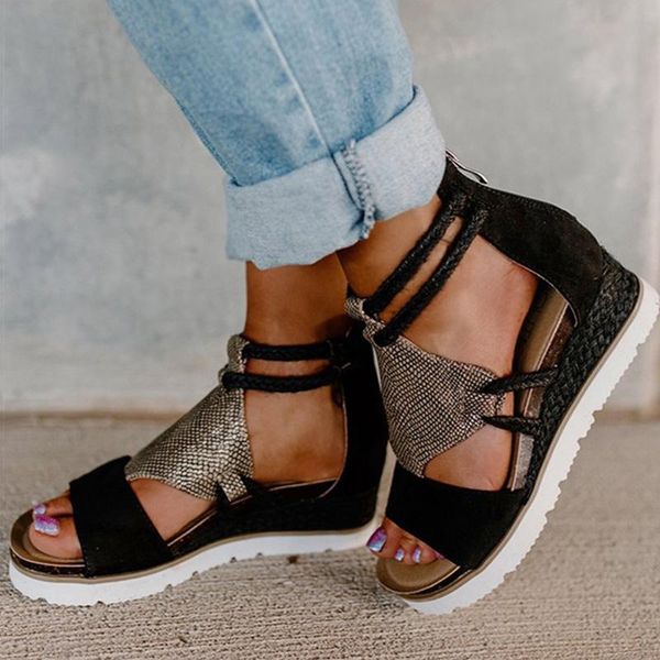 

sandals ladies fashion leopard print wedge comfortable soft sole platform high heels, Black