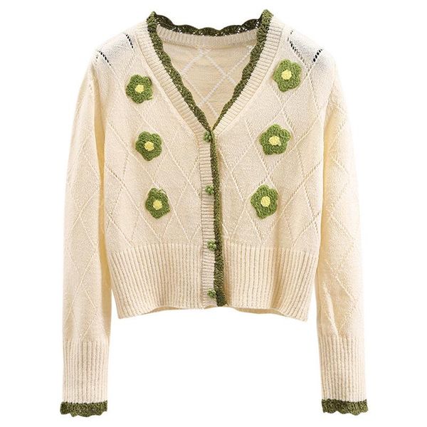

women's knits & tees autumn and winter 2021 short knitted sweater cardigan women fashion v-neck embroidery hollow thin knit single-bre, White