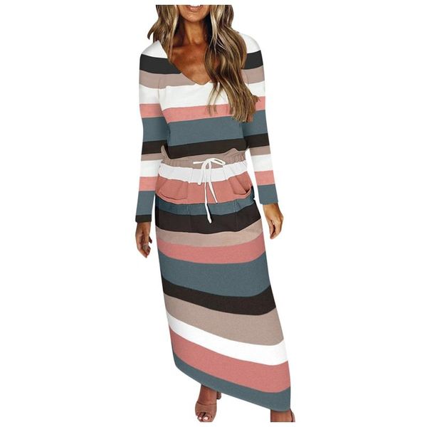 

casual dresses 2021 women colorful stripe print maxi autumn loose v-neck drawstring robe femme#fs, Black;gray