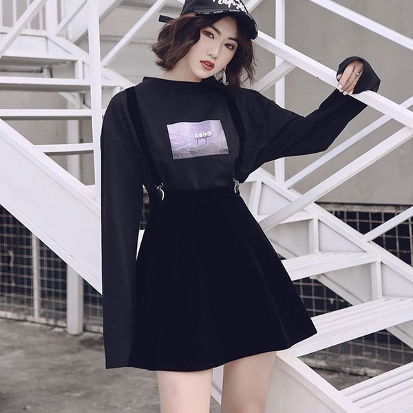 

2021clip velvet strap skirts women gothic harajuku spring summer mini skirts korean short skirts a-line school skirt black v411