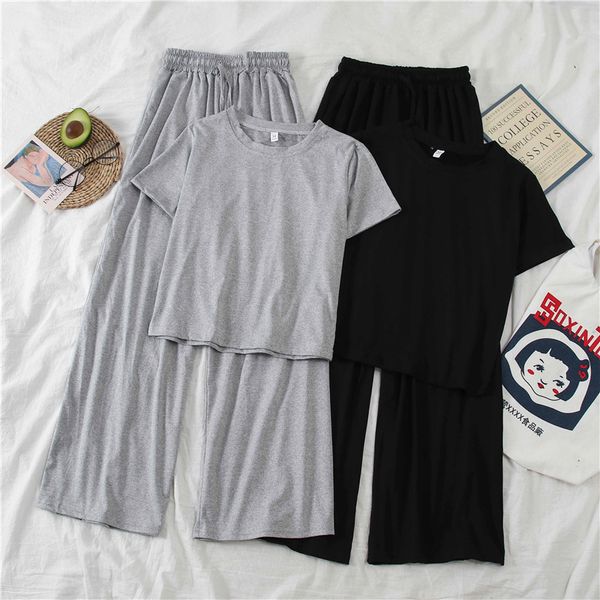 

summer nightgown cute home suit for womens two piece clothing shirt+pant pajamas sets outfits female casual bla gray homewear, Black;red