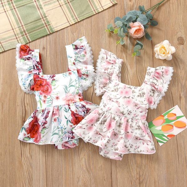 

jumpsuits 0-24m summer lovely baby girls rompers flowers printed ruffles short sleeve backless, Blue