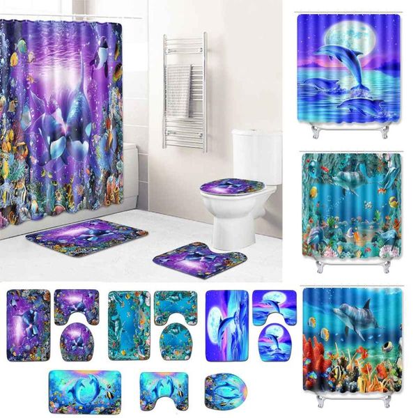 

bath mats 3pcs/set ocean world non slip bathrm pad ootoilet seat & cover curtain soft rug carpet home decoration
