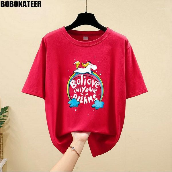 

summer oversized t shirt women kawaii clothes cotton loose red casual printed woman short sleeve t-shirt plus size 4xl 2021 women's, White