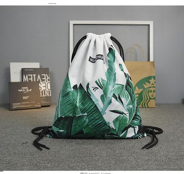 

backpack banana leaf fashion drawstring rucksack with lining, outdoor travel string bag, college leisure light weight skull rope bag