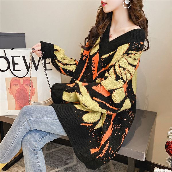 

thickened v-neck pullover sweater women's autumn and winter new fashion ins net red loose lazy windport style versatile long sleeved to, White;black