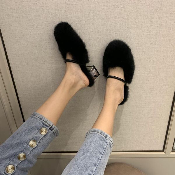 

autumn and winter fur round toe square heel outdoor semi-slippers women's girl shallow mouth slippers, Black
