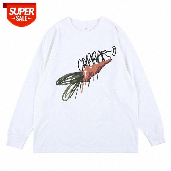 

american high street character loose t-shirt simple rabbit radish print round neck long sleeve tee men and women #mq8o, White;black