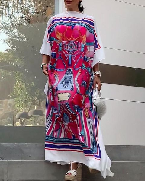 

casual dresses batwing sleeve dress women's fashion baroque print maxi 2021 summer, Black;gray