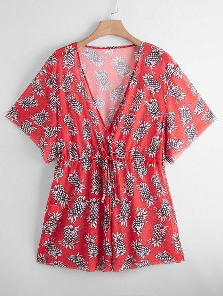 

plus pineapple print drawstring waist cover up p31b#, Black