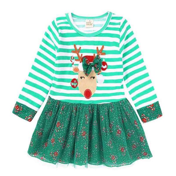 Christmas Deer Autumn Baby Kids Girl Abiti per s Tulle a righe a maniche lunghe 210521