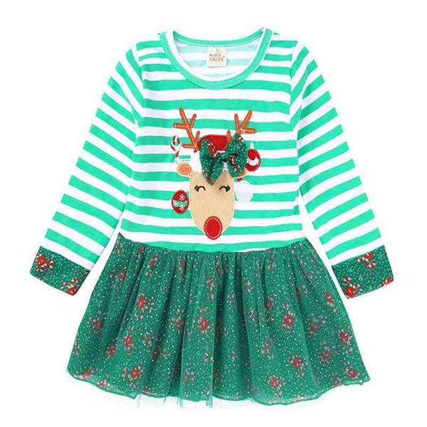 

christmas deer autumn baby kids girl dresses for s long sleeve stripe tulle 210521, Red;yellow
