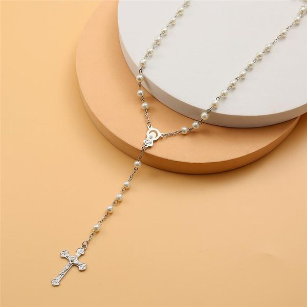 

pendant necklaces simulation pearl bead rosary necklace for women men alloy cross christian catholic religious jewelry, Silver