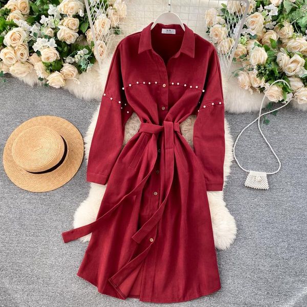 

casual dresses singrain chic beading blouse dress women turn-down collar single breasted a-line autumn elegant solid korean midi, Black;gray