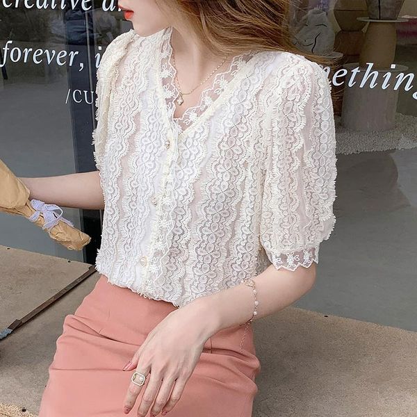 

women's blouses & shirts 2021 summer korean puff sleeve patchwork blouse women lace hollow out shirt female v-neck elegant ladies, White