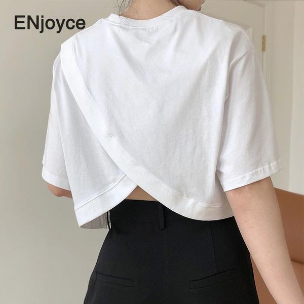 

women's t-shirt casual back split tshirt for women girls korean fashion blue short sleeve cropped loose o neck cotton tees pullovers, White