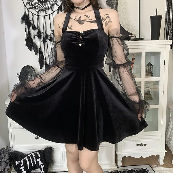 

casual dresses women's punk gothic dress halter off shoulder mesh guaze sleeve high waist mini black velvet woman streetwear, Black;gray