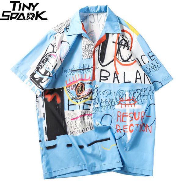 

hip hop shirt streetwear men hawaiian graffiti print harajuku beach hiphop s summer thin short sleeve 210721, White;black