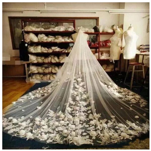 

in stock velos de novia 3d flower applique cathedral wedding veil with comb soft tulle bridal accessories, Black
